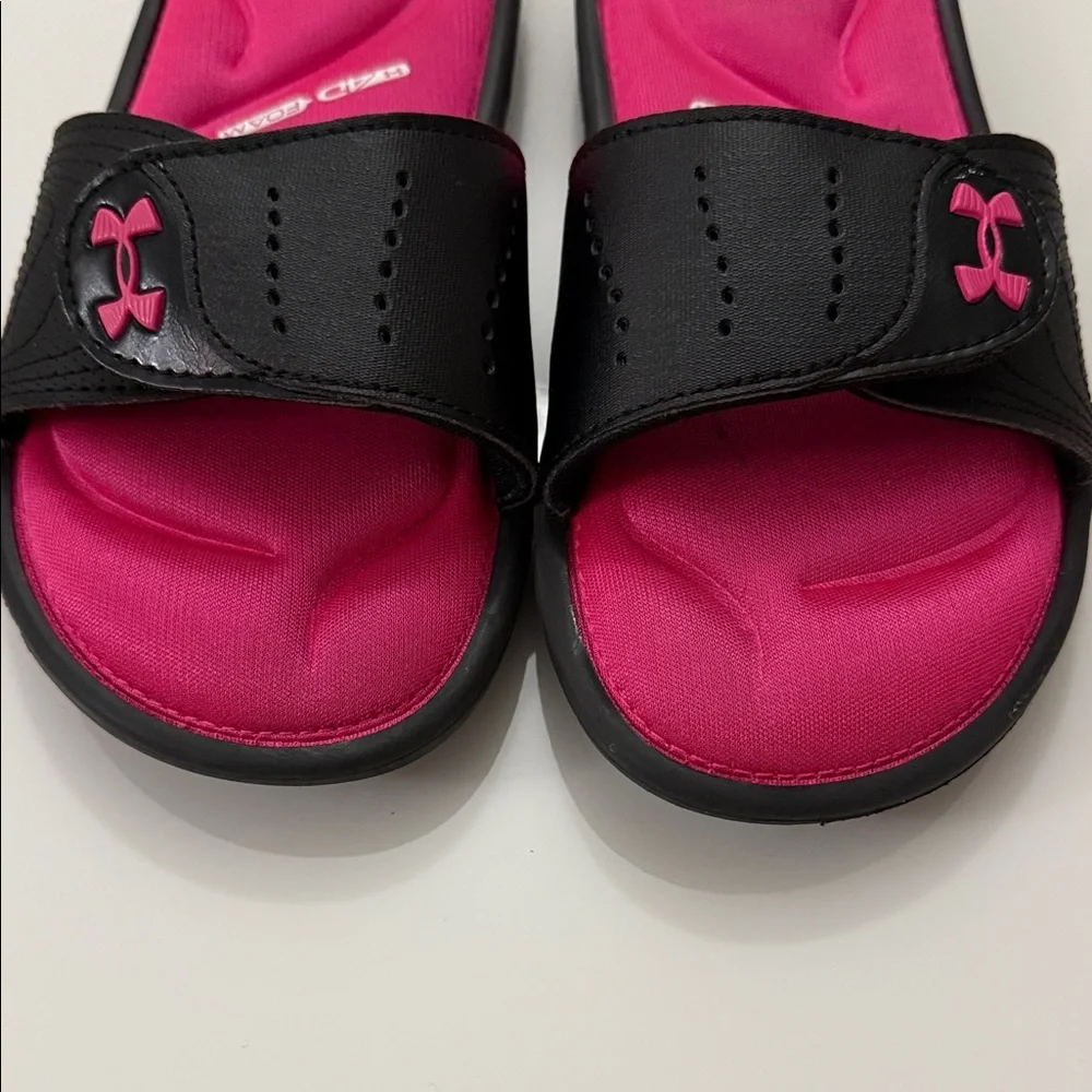 New Under Armour Slide Sandals Girls Youth 1Y Kids Black Hot Pink Foam Ignite